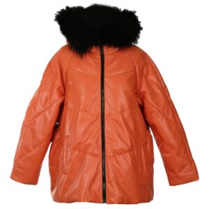Puffer Leather Coat With Faux Fur Hood