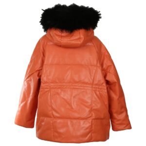 Puffer Leather Coat With Faux Fur Hood
