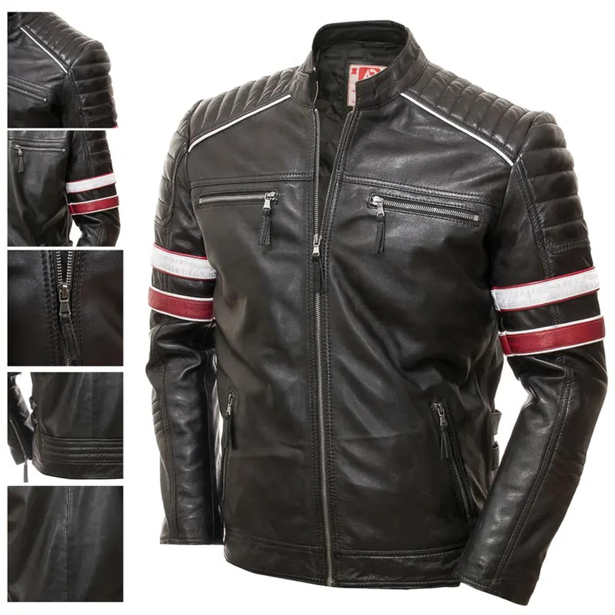 Men Racing Biker Stripes Real Leather Casual Fit Jacket (7)