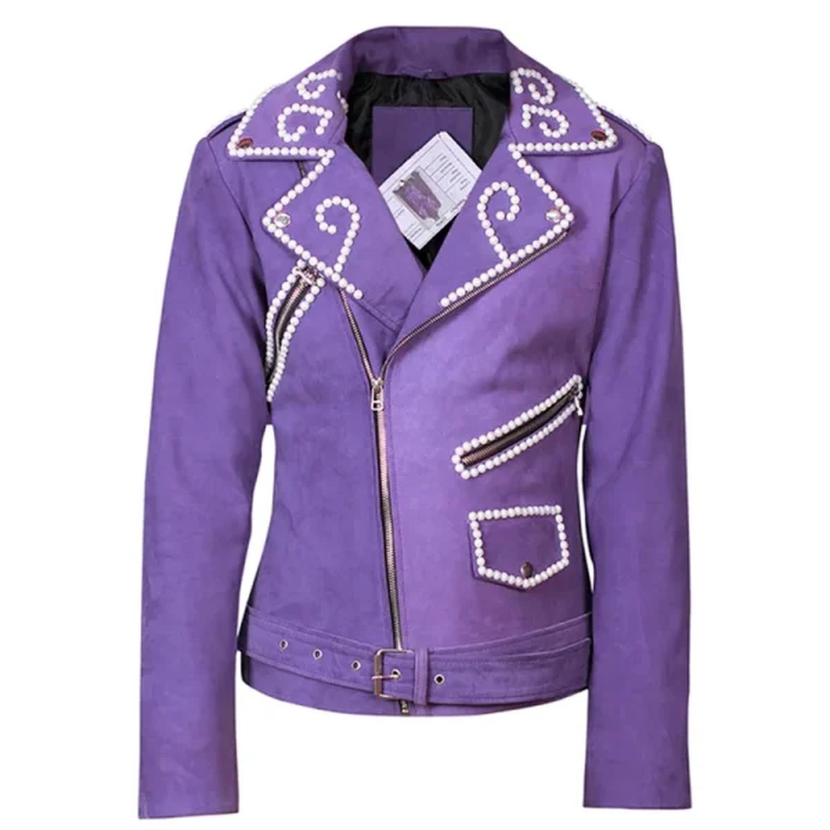 Women Biker Purple Sheepskin Leather Jacket With metallic stud detailing