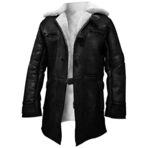 Men Black Sheepskin Leather Overcoat with White Interior Faux Fur