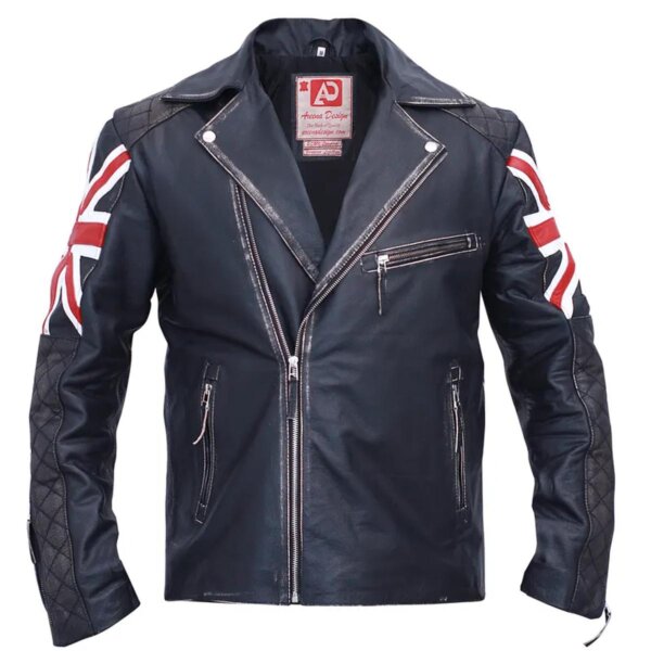 Biker Vintage Black Leather Jacket For Mens with UK Flag