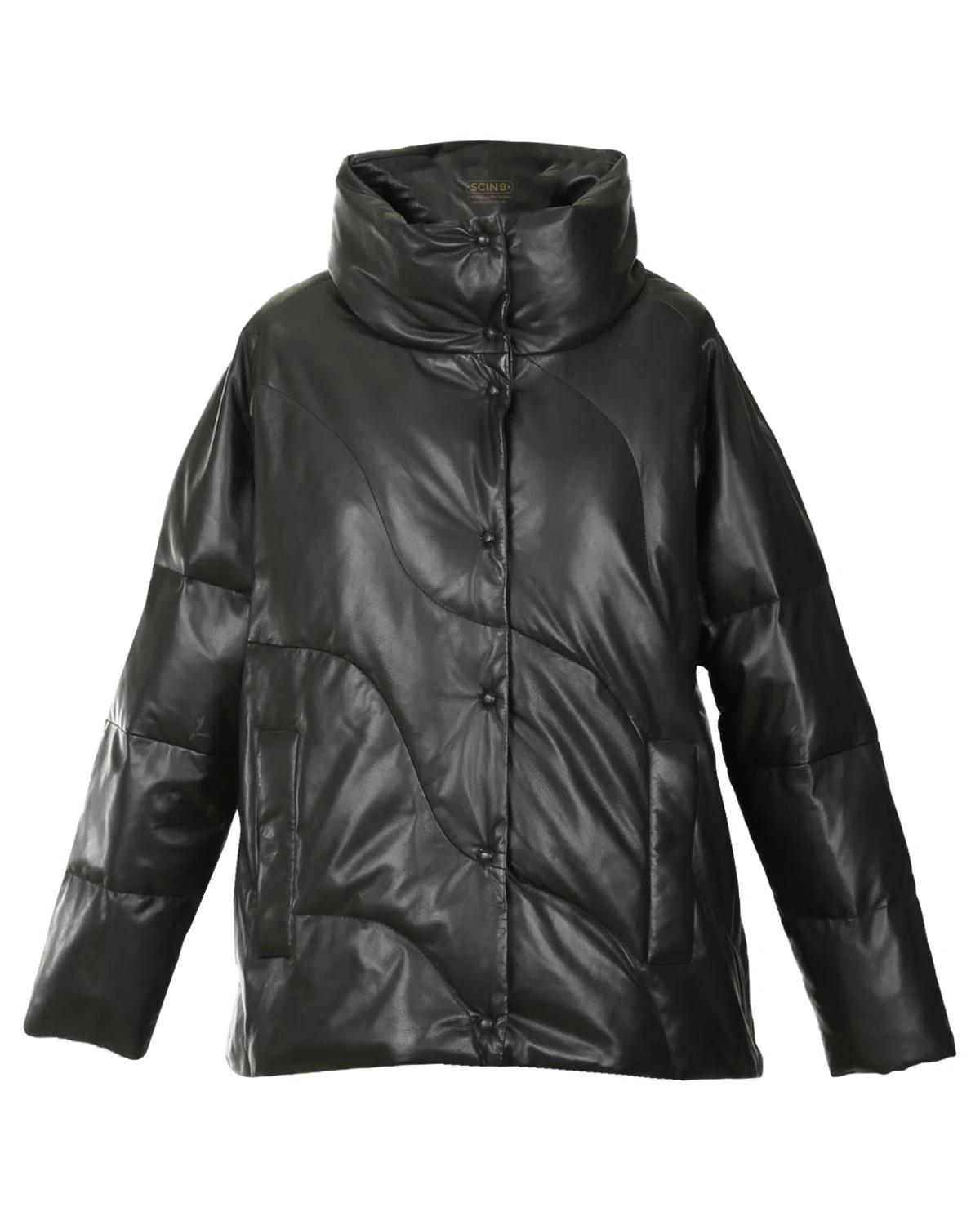Women Puffer Short Sheepskin Leather Coat in Black