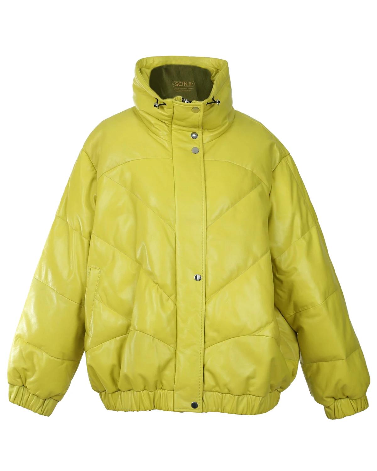 Women Neon Puffer Sheepskin Leather Jacket