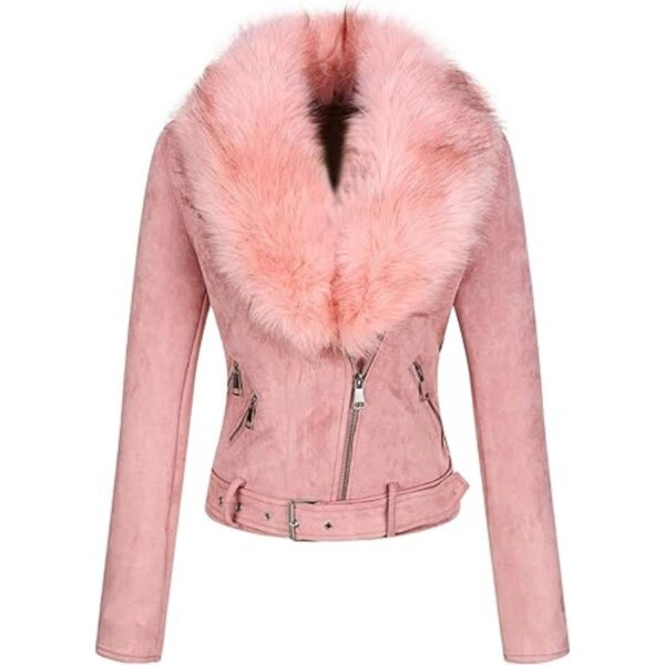 Women Moto Biker Pink Real Suede Leather Jacket