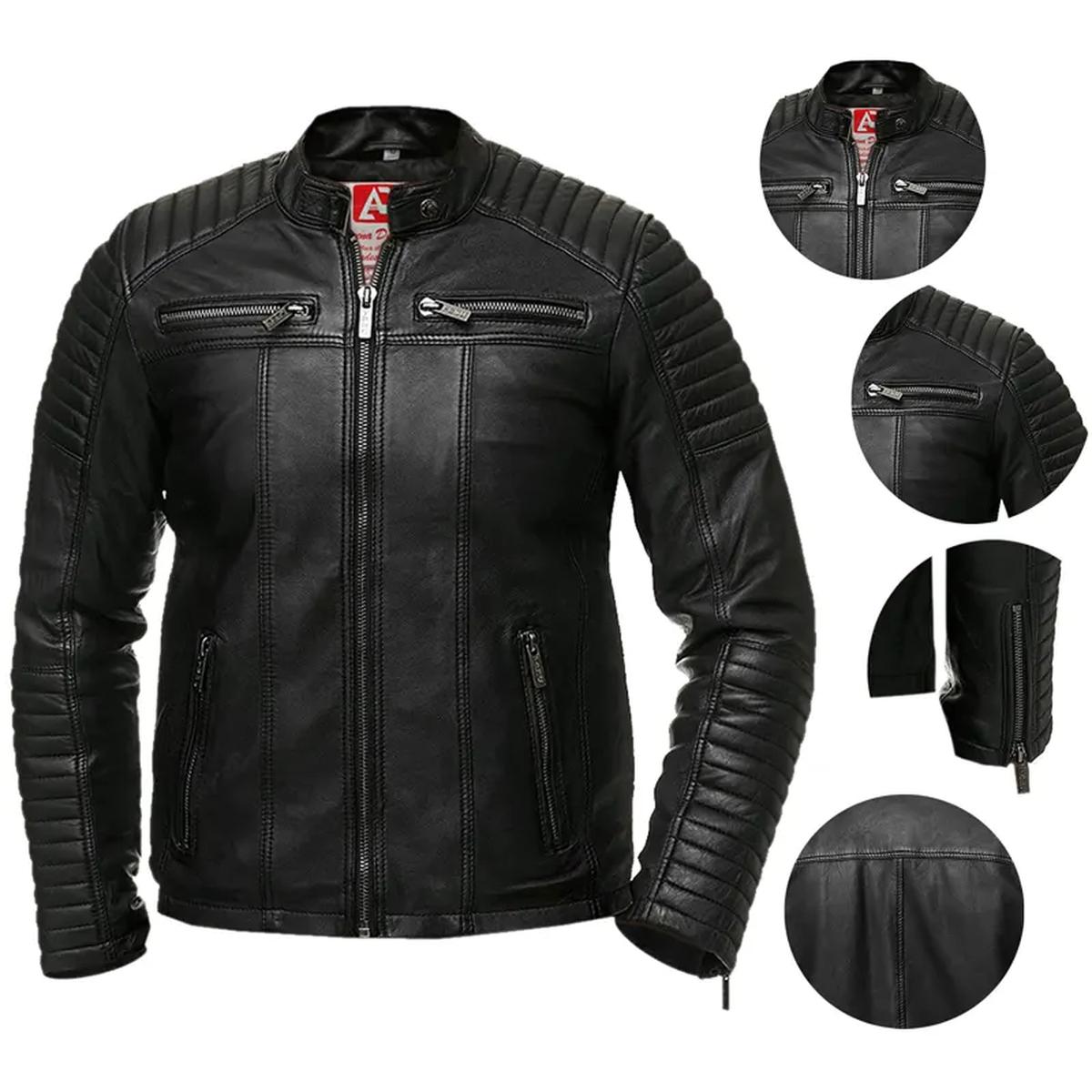 Men Vintage Retro Biker Genuine Leather Jacket in Black (7)
