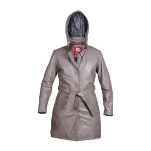Women’s Gray Hooded Leather Overcoat With Belt