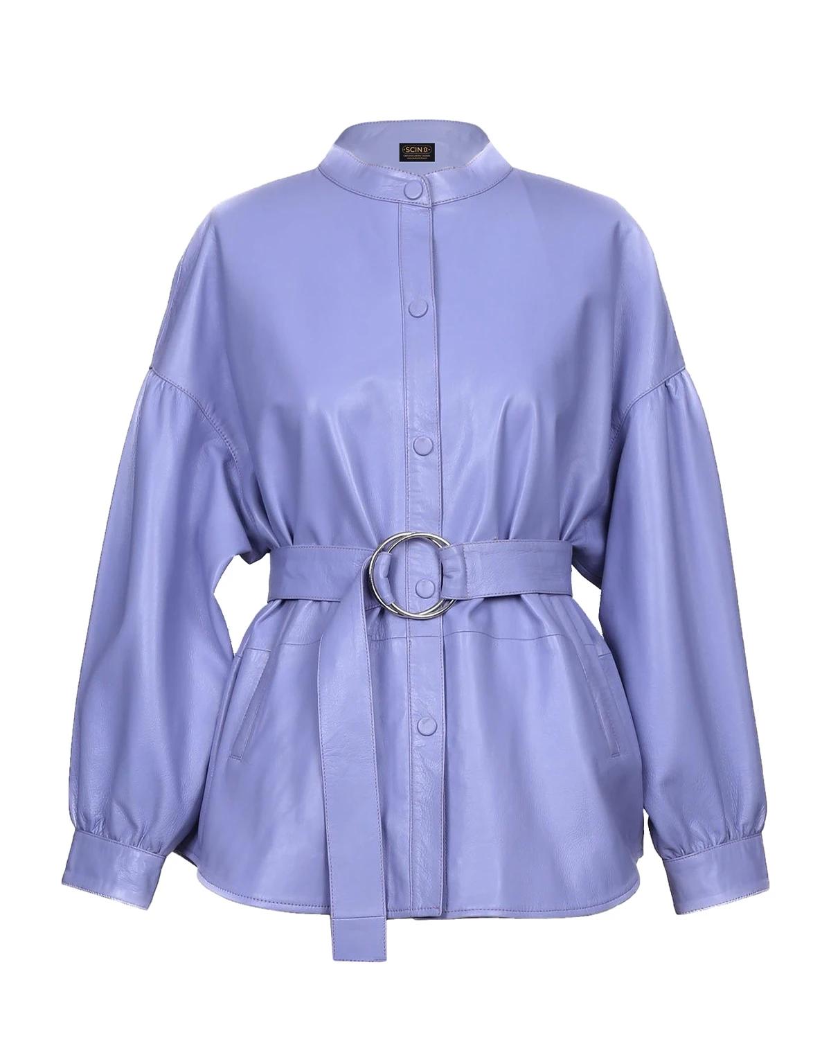 Women Belted Sheepskin Leather Shirt Jacket in Lavender