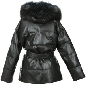Women Faux Fur Hooded Puffer Leather Jacket in Black