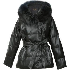 Women Faux Fur Hooded Puffer Leather Jacket in Black