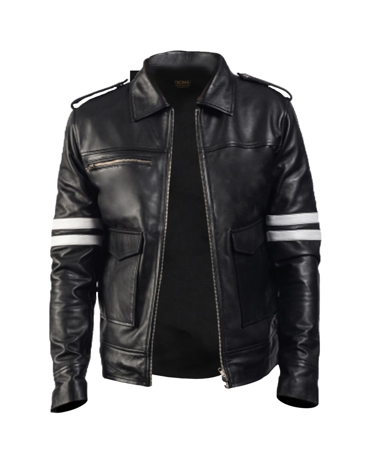Men Stripped Biker Sheepskin Leather Jacket Black