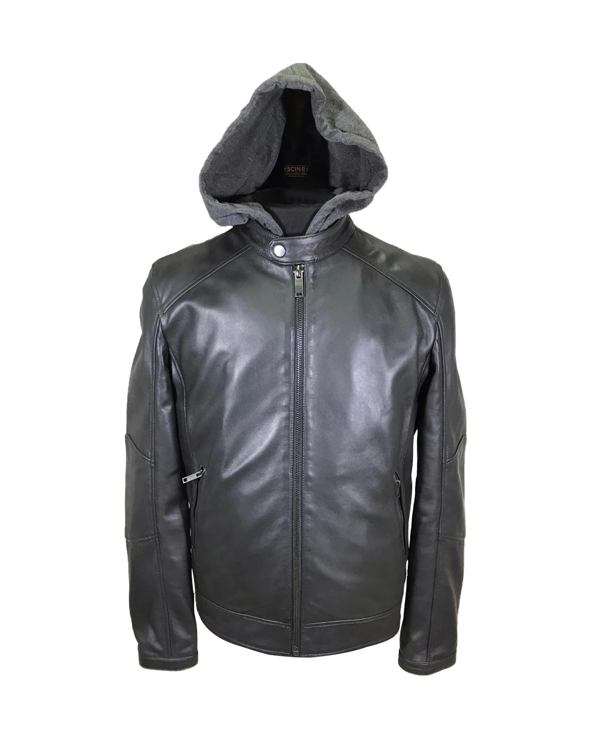 Men Detachable Hood Biker Leather Jacket