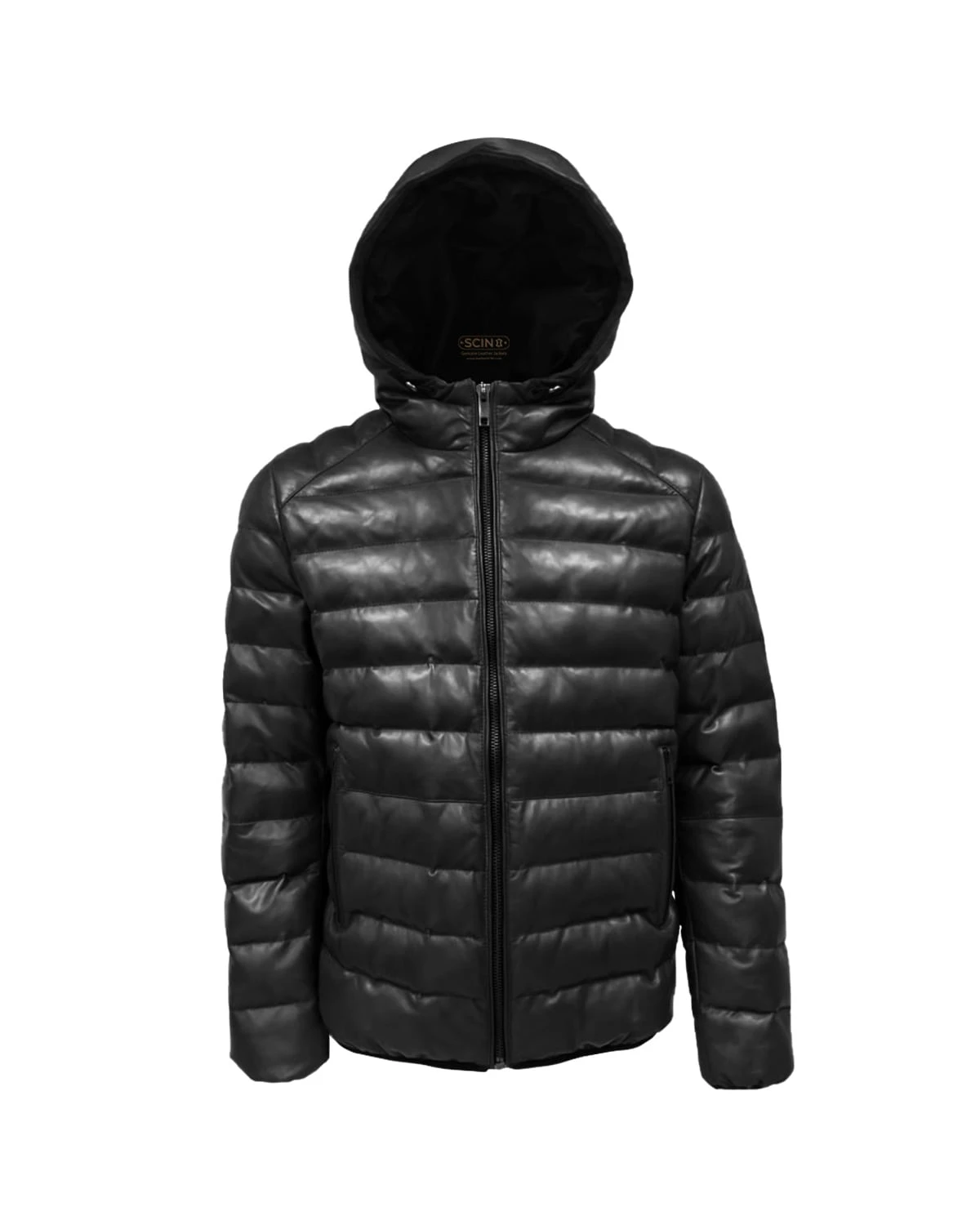 Men Hooded Leather Puffer Jacket