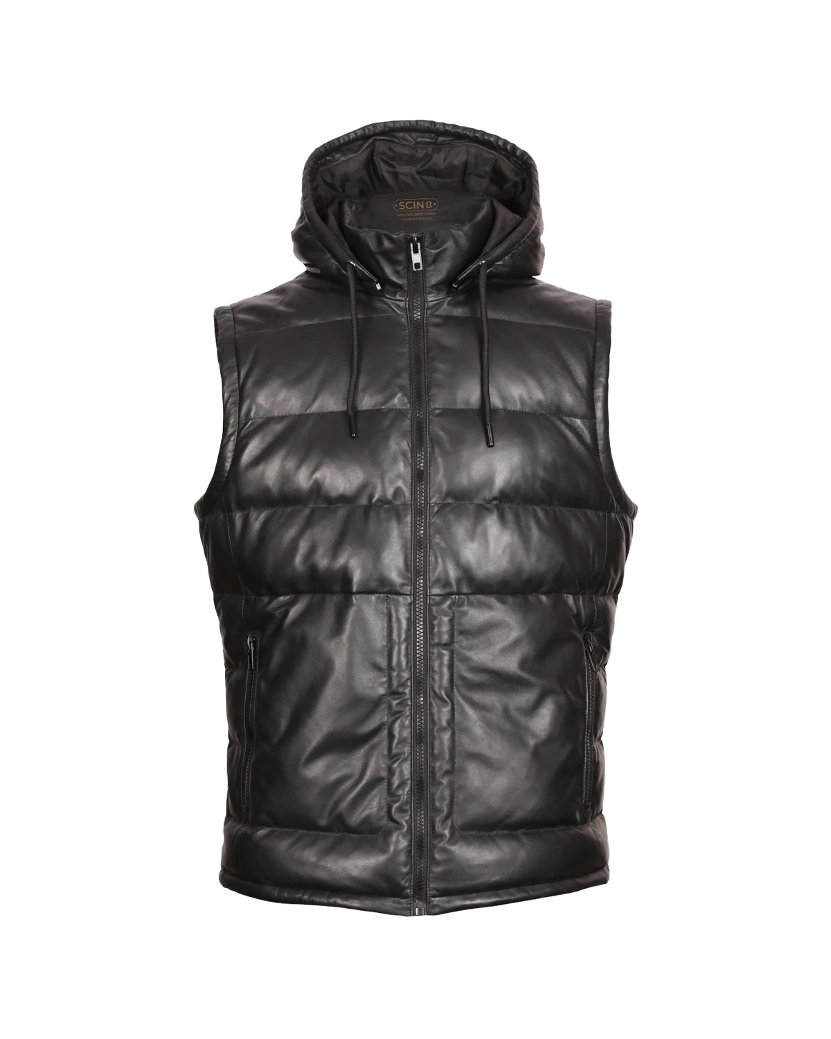 Men Hooded Leather Puffer Vest