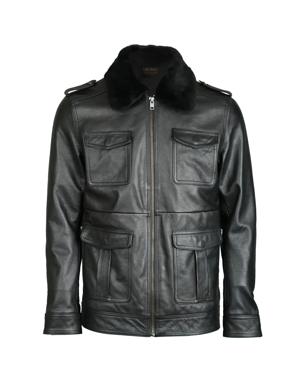 Men Patch Pocket Bomber Leather Jacket