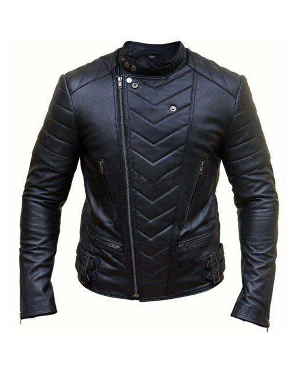 Men Black Biker Cross Zipper Sheepskin Leather Jacket
