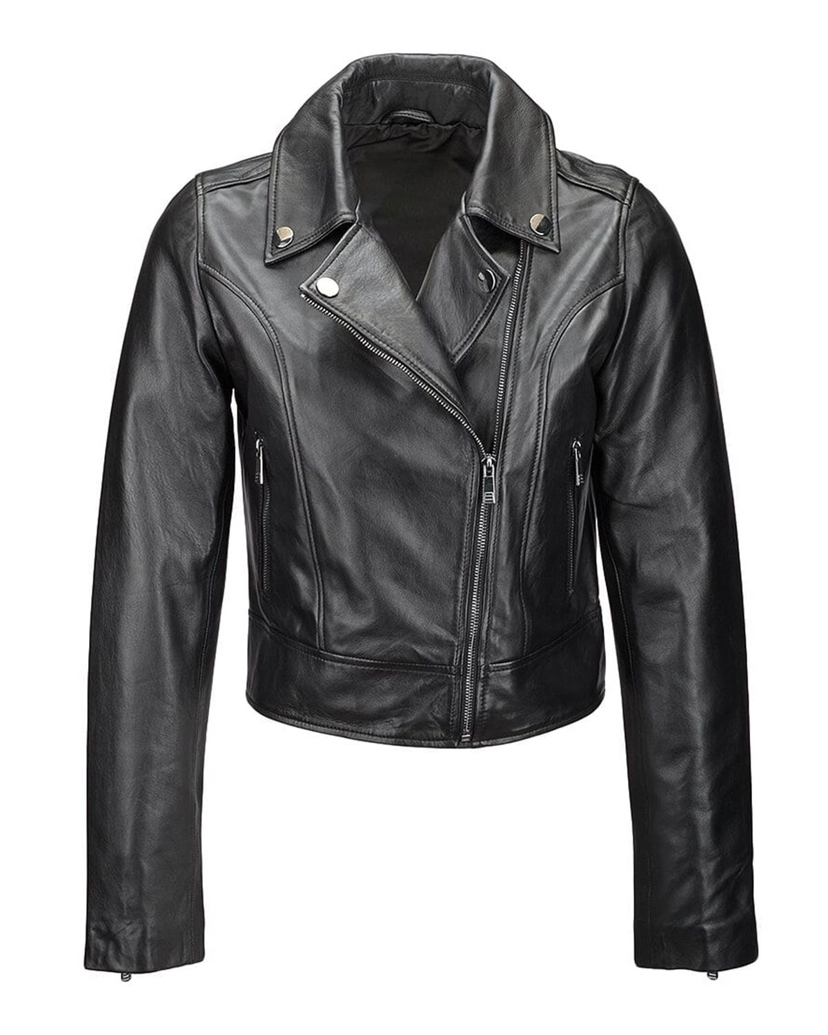 Women Slimfit Biker Sheepskin Leather Jacket Black