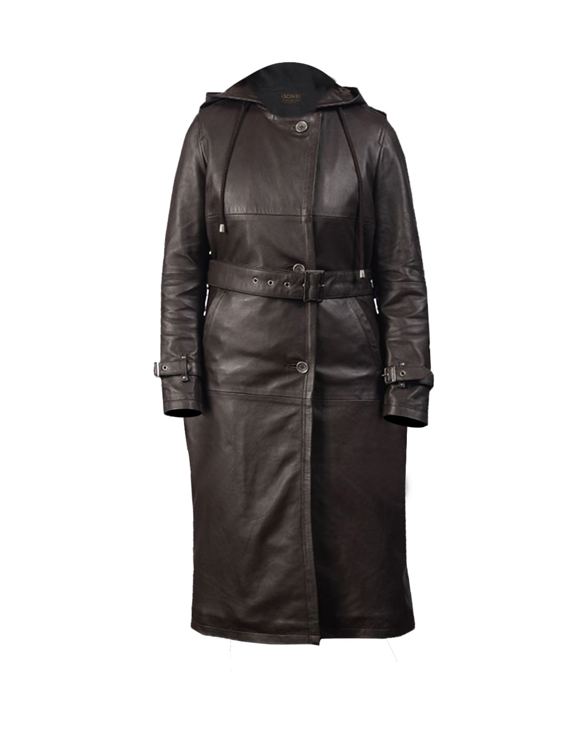 Women Long Natural Leather Trench Coat Black