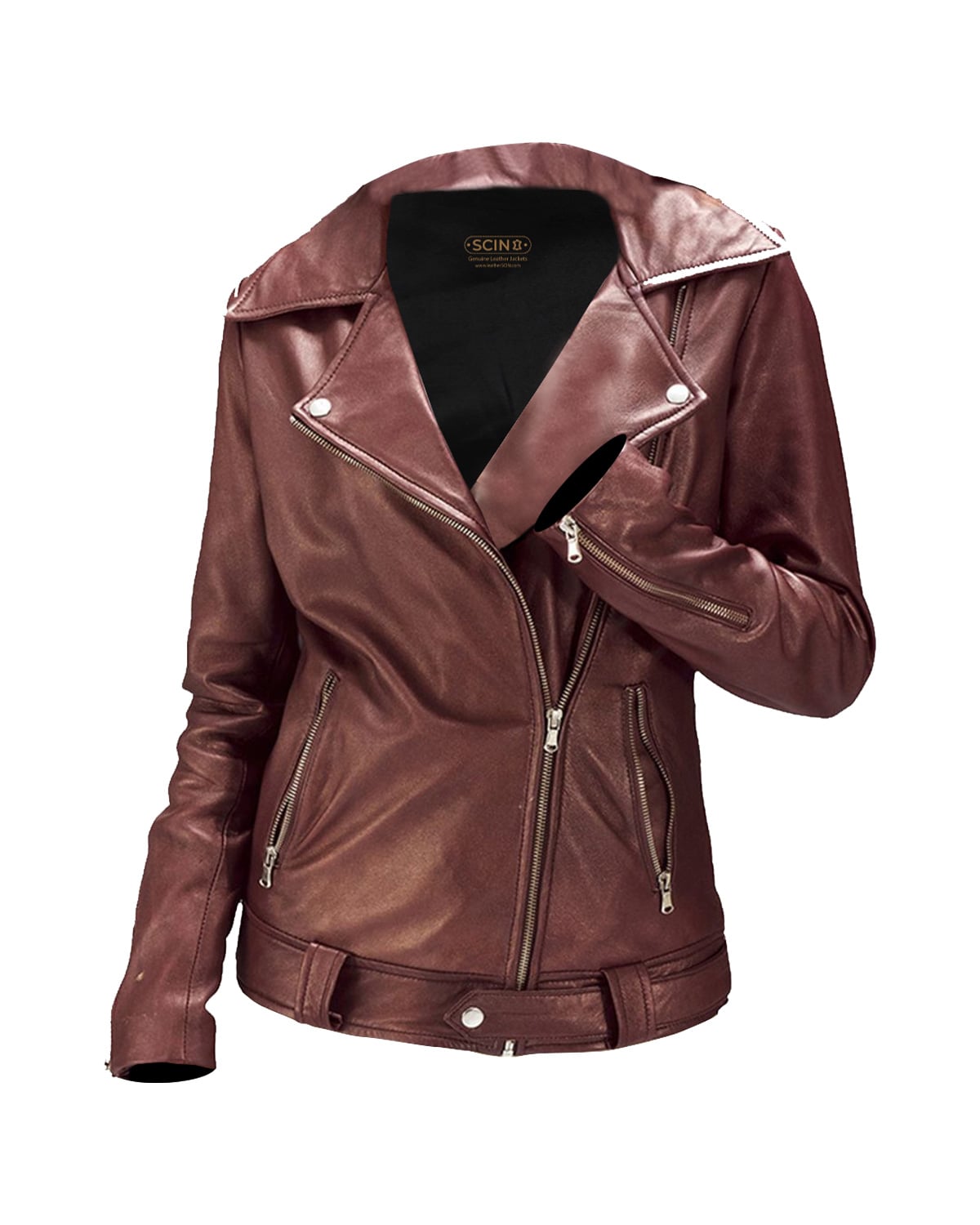 Women Classic Biker Sheepskin Leather Jacket in Maroon
