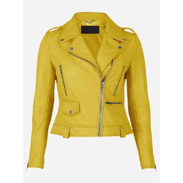 Women Yellow Biker Sheepskin Leather Jacket