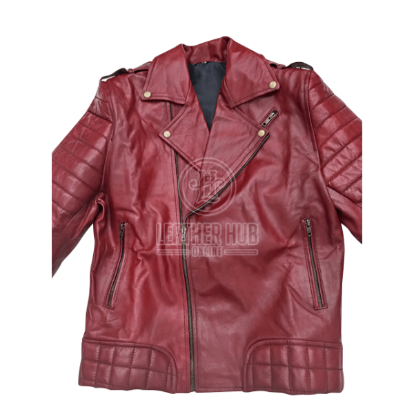 Mens Biker Classic Quilted Maroon Moto Racer Leather Jacket