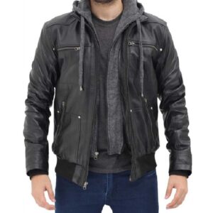 Black Biker Men’s Leather Jacket with Hood