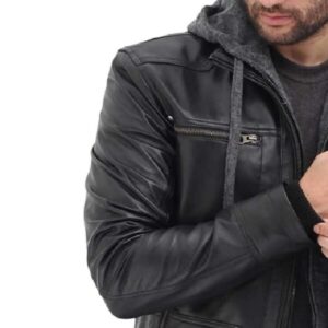 Black Biker Men’s Leather Jacket with Hood