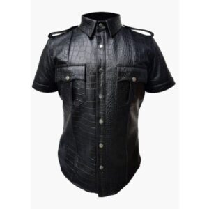 Black Men Police Uniform Croc-Embossed Leather Shirt