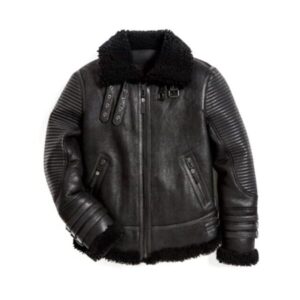 Black Winter Shearling-Style Leather Faux Fur Jacket