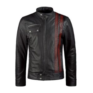 Black Slim Fit Maroon Striped Stylish Leather Jacket