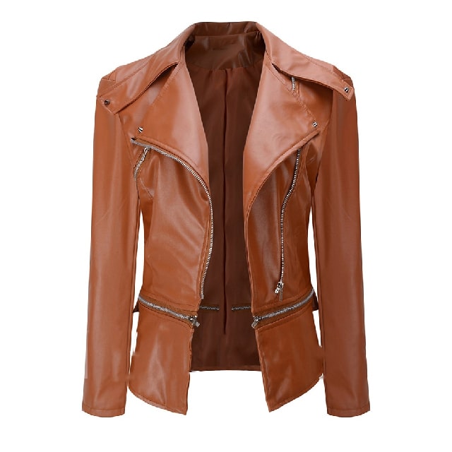 Chic Lapel Zipper Up Women’s Brown Leather Jacket