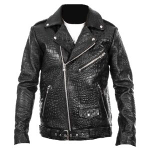 Crocodile Embosses Biker Style Leather Jacket