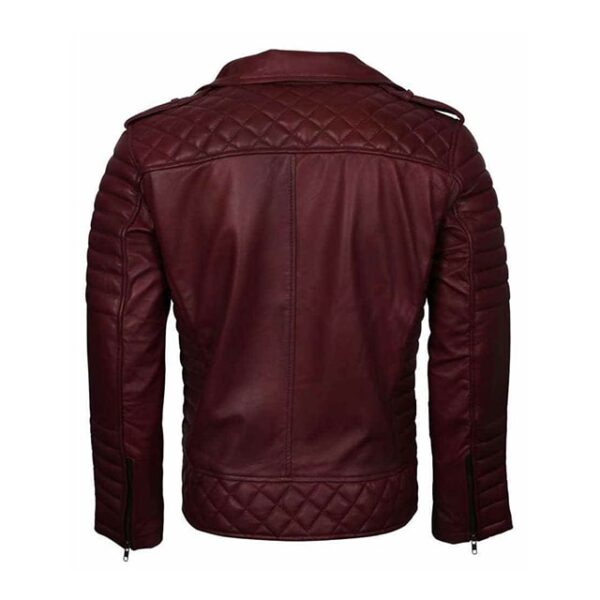 Mens Biker Classic Quilted Maroon Moto Racer Leather Jacket