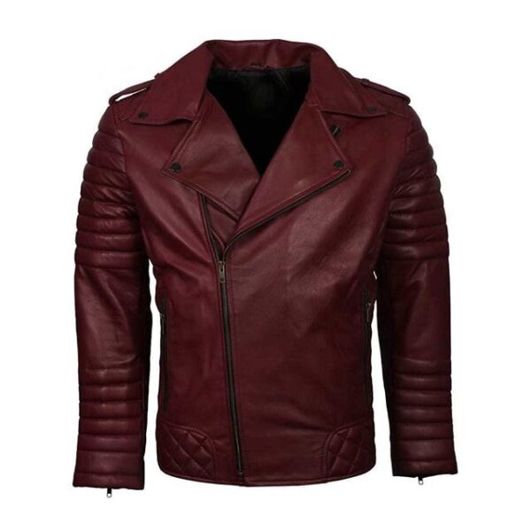 Mens Biker Classic Quilted Maroon Moto Racer Leather Jacket
