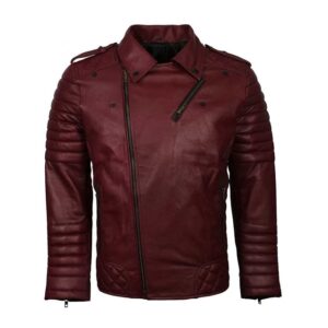 Mens Biker Classic Quilted Maroon Moto Racer Leather Jacket