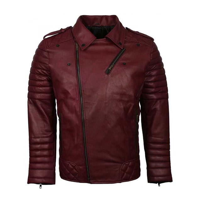 Mens Biker Classic Quilted Maroon Moto Racer Leather Jacket