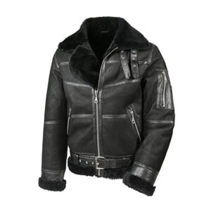 Mens Black Aviator Sheepskin Shearling-Style Leather Jacket