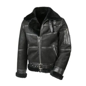 Mens Black Aviator Sheepskin Shearling-Style Leather Jacket