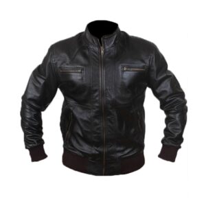 Mens Black Biker Style Bomber Leather Jacket