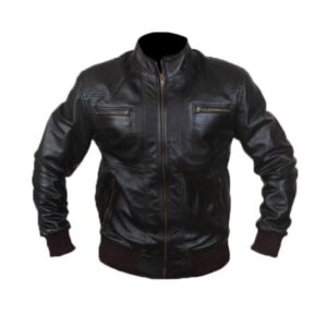 Mens Black Biker Style Bomber Leather Jacket
