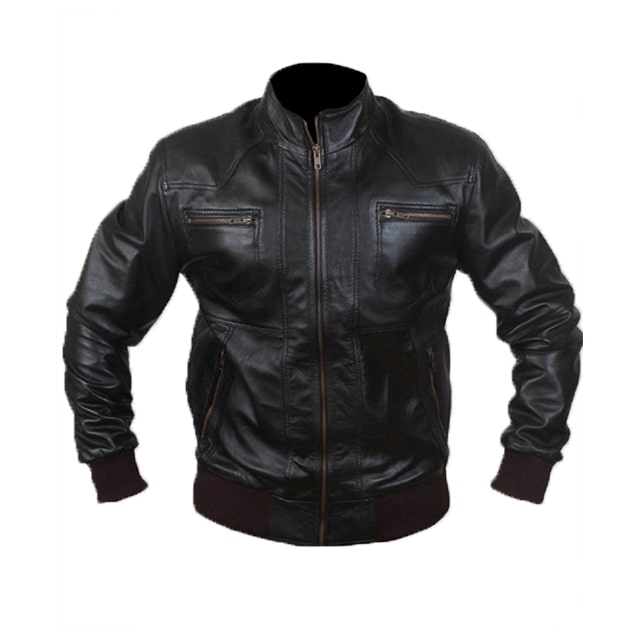 Mens Black Biker Style Bomber Leather Jacket