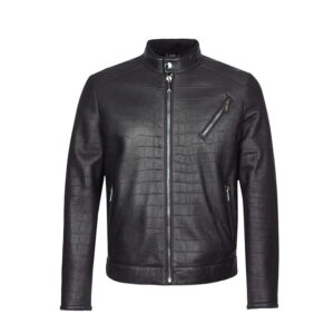 Men’s Black Croc-Embossed Biker Motorcycle Leather Jacket