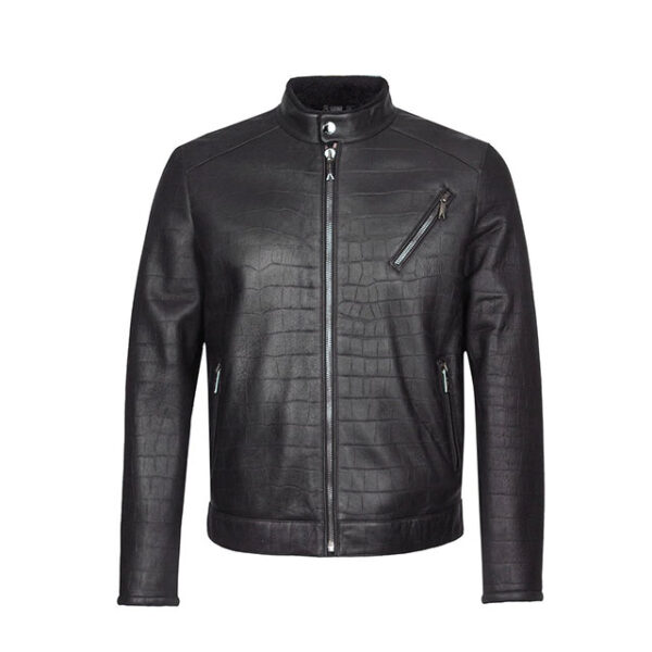 Men’s Black Crocodile Print Biker Motorcycle Faux Leather Jacket