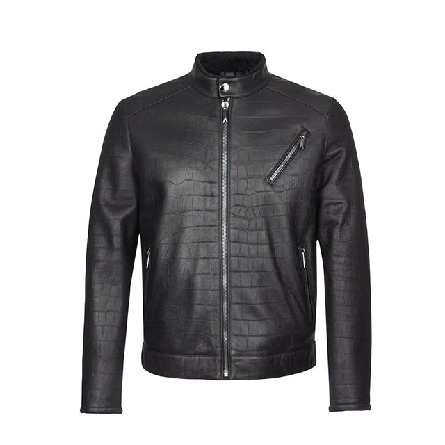 Men’s Black Crocodile Print Biker Motorcycle Faux Leather Jacket