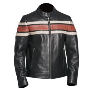 Mens Black Genuine Sheepskin Striped Leather Jacket