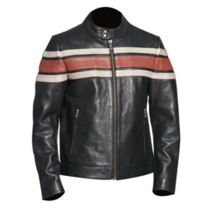 Mens Black Genuine Sheepskin Striped Leather Jacket