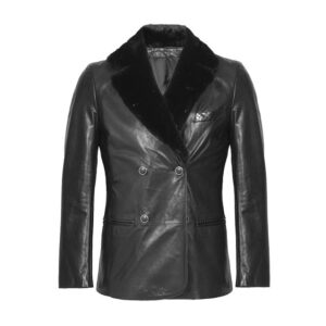 Black Faux Shearling Trimmed Double Breasted Leather Coat