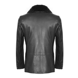 Black Faux Shearling Trimmed Double Breasted Leather Coat