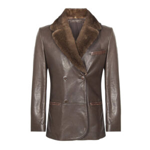 Brown Faux Shearling Trimmed Double Breasted Leather Coat