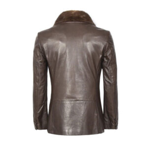 Brown Faux Shearling Trimmed Double Breasted Leather Coat